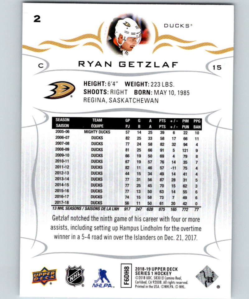 2018-19 Upper Deck #2 Ryan Getzlaf Mint Anaheim Ducks Image 2