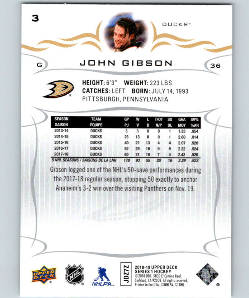 2018-19 Upper Deck #3 John Gibson Mint Anaheim Ducks Image 2