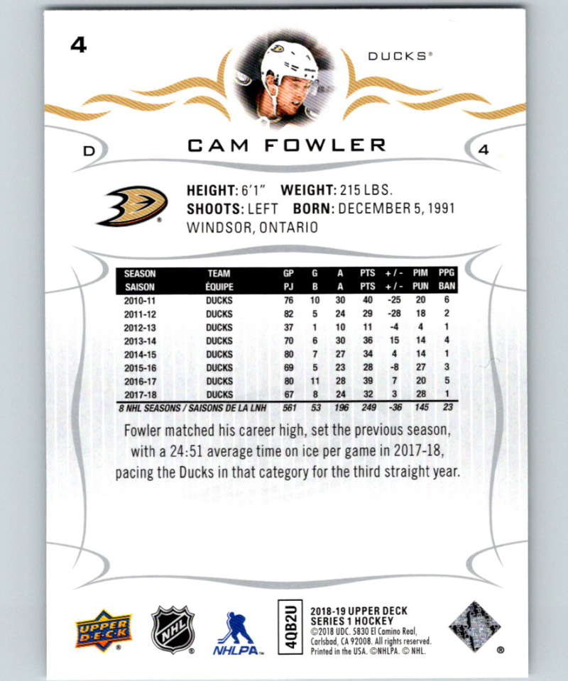 2018-19 Upper Deck #4 Cam Fowler Mint Anaheim Ducks Image 2