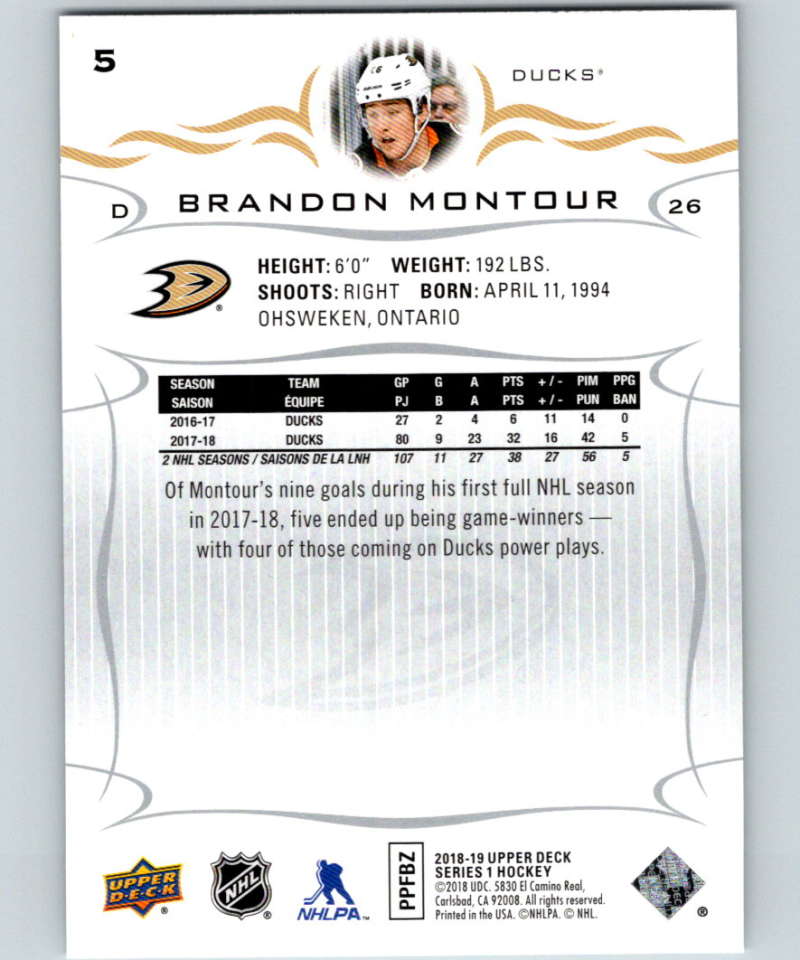 2018-19 Upper Deck #5 Brandon Montour Mint Anaheim Ducks Image 2