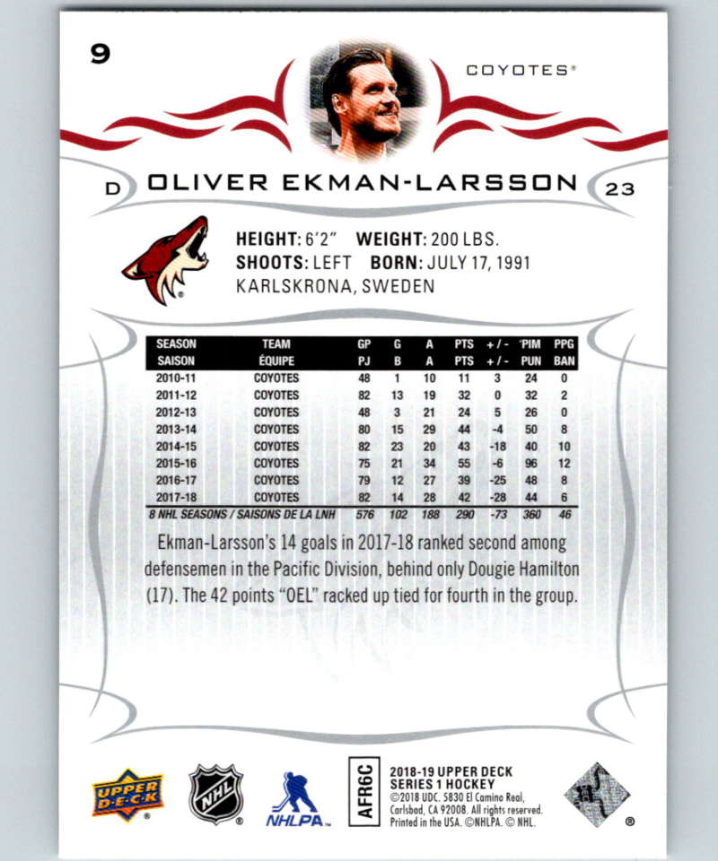 2018-19 Upper Deck #9 Oliver Ekman-Larsson Mint Arizona Coyotes Image 2