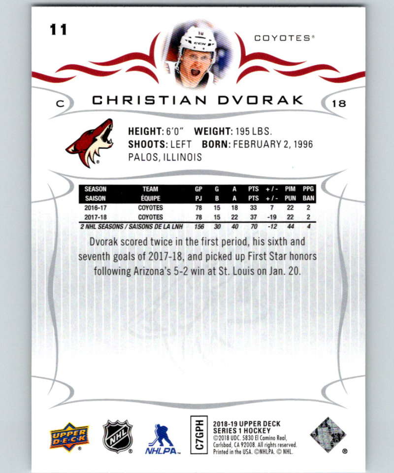 2018-19 Upper Deck #11 Christian Dvorak Mint Arizona Coyotes
