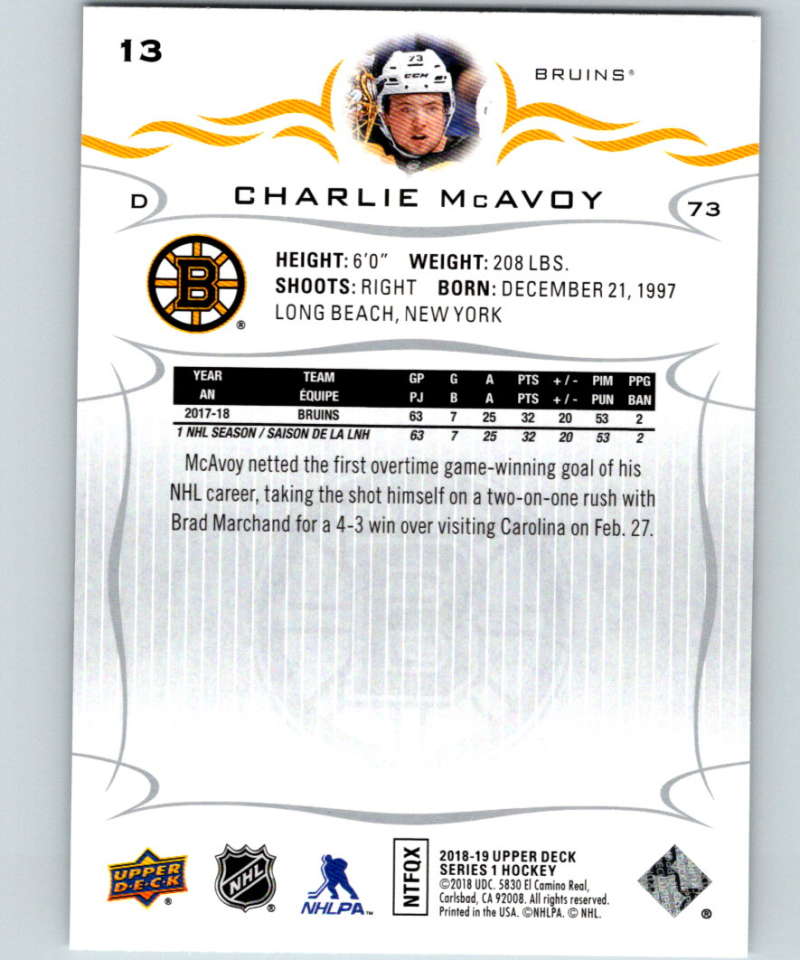 2018-19 Upper Deck #13 Charlie McAvoy Mint Boston Bruins Image 2