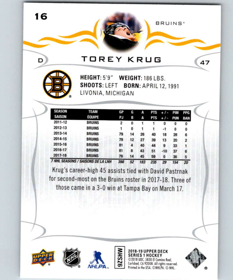 2018-19 Upper Deck #16 Torey Krug Mint Boston Bruins Image 2