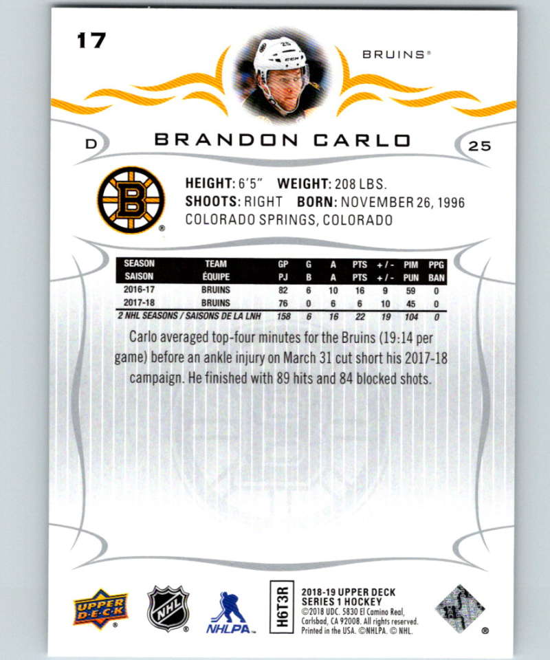 2018-19 Upper Deck #17 Brandon Carlo Mint Boston Bruins Image 2