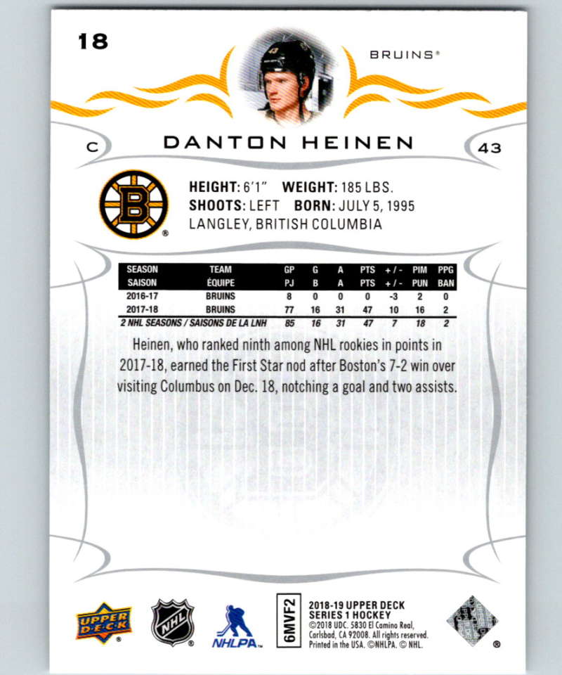 2018-19 Upper Deck #18 Danton Heinen Mint Boston Bruins Image 2