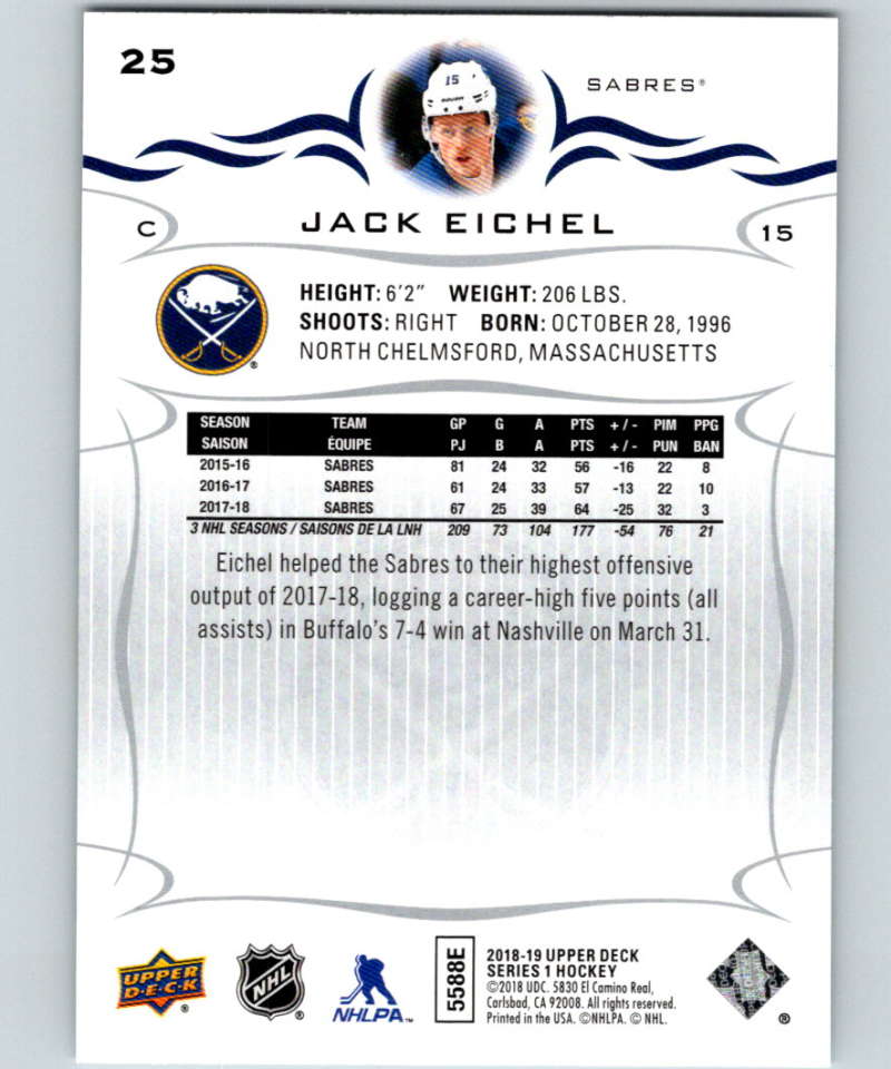 2018-19 Upper Deck #25 Jack Eichel Mint Buffalo Sabres Image 2