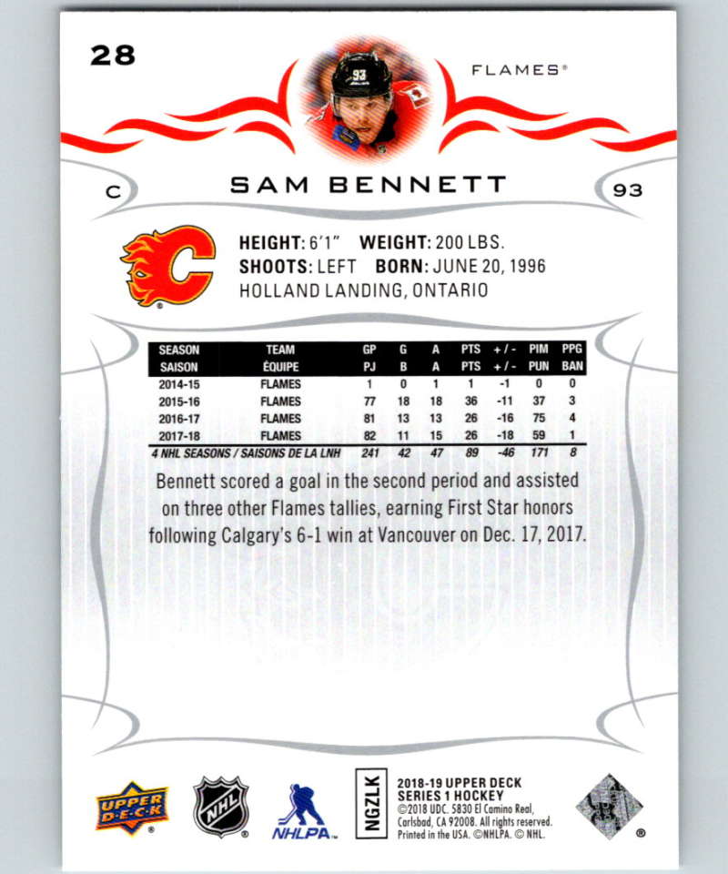 2018-19 Upper Deck #28 Sam Bennett Mint Calgary Flames Image 2