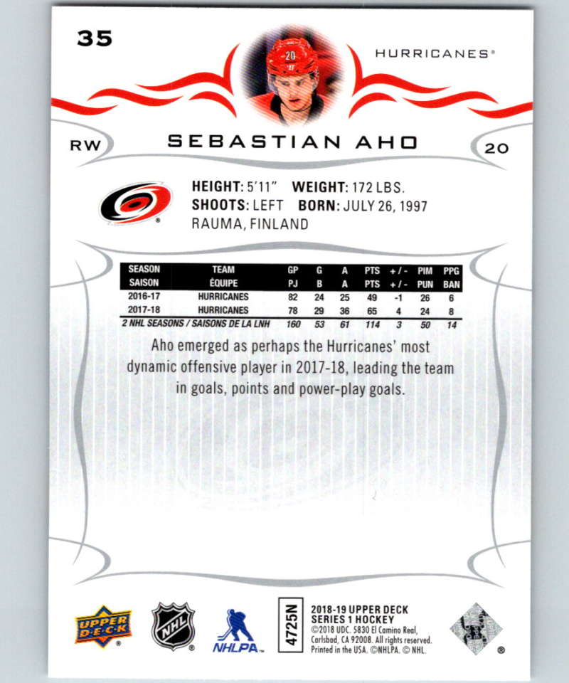 2018-19 Upper Deck #35 Sebastian Aho Mint Carolina Hurricanes Image 2