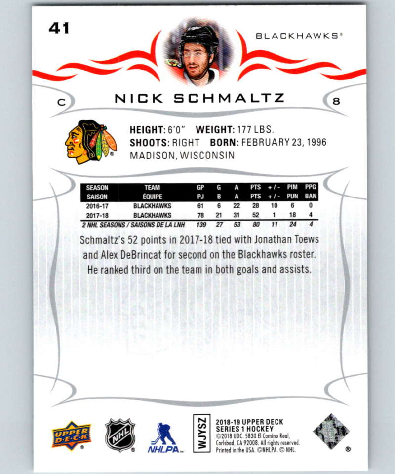 2018-19 Upper Deck #41 Nick Schmaltz Mint Chicago Blackhawks Image 2
