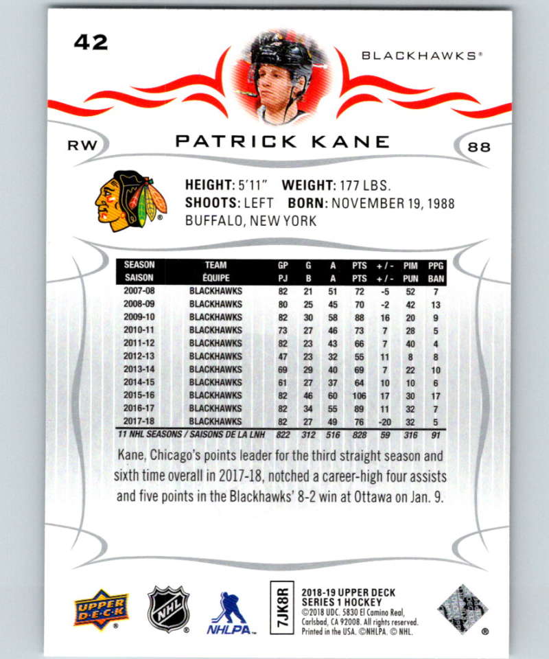 2018-19 Upper Deck #42 Patrick Kane Mint Chicago Blackhawks Image 2