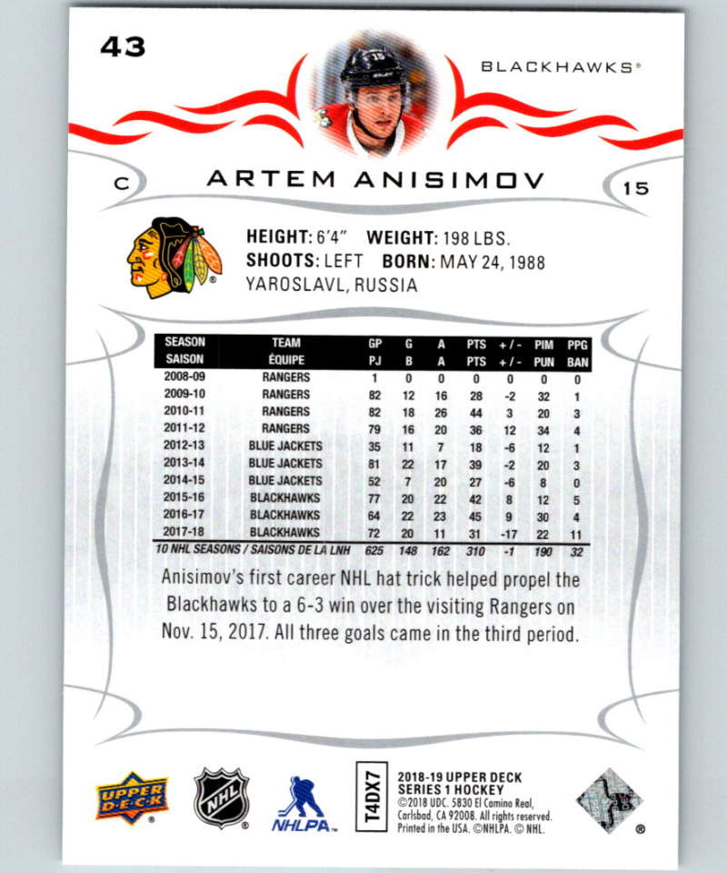 2018-19 Upper Deck #43 Artem Anisimov Mint Chicago Blackhawks Image 2