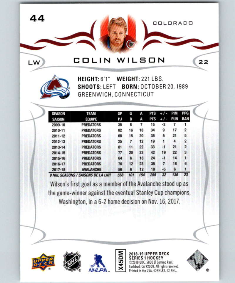 2018-19 Upper Deck #44 Colin Wilson Mint Colorado Avalanche Image 2