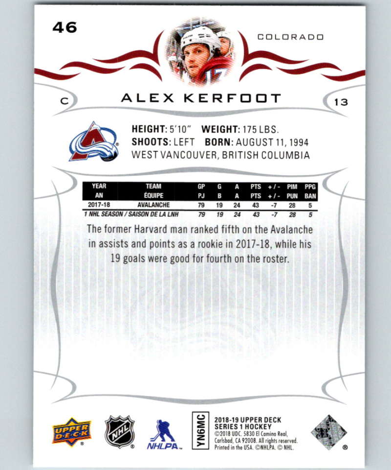 2018-19 Upper Deck #46 Alex Kerfoot Mint Colorado Avalanche Image 2