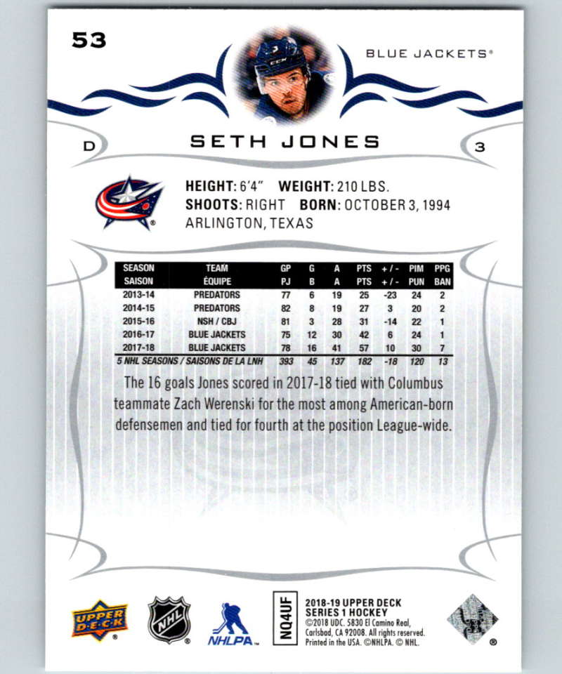 2018-19 Upper Deck #53 Seth Jones Mint Columbus Blue Jackets Image 2