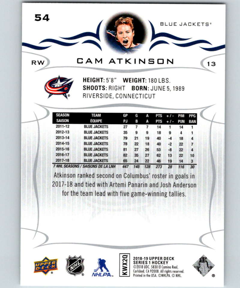 2018-19 Upper Deck #54 Cam Atkinson Mint Columbus Blue Jackets Image 2