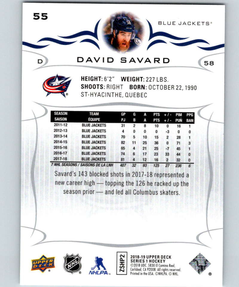 2018-19 Upper Deck #55 David Savard Mint Columbus Blue Jackets Image 2