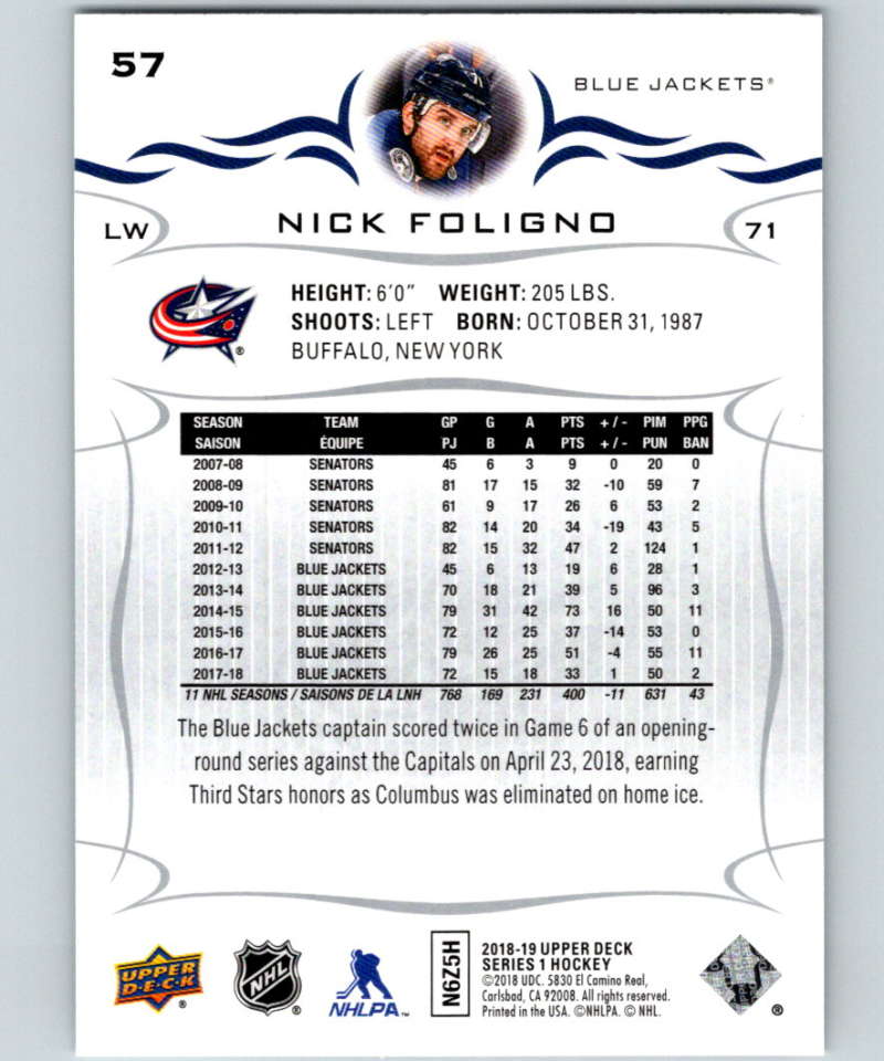 2018-19 Upper Deck #57 Nick Foligno Mint Columbus Blue Jackets Image 2