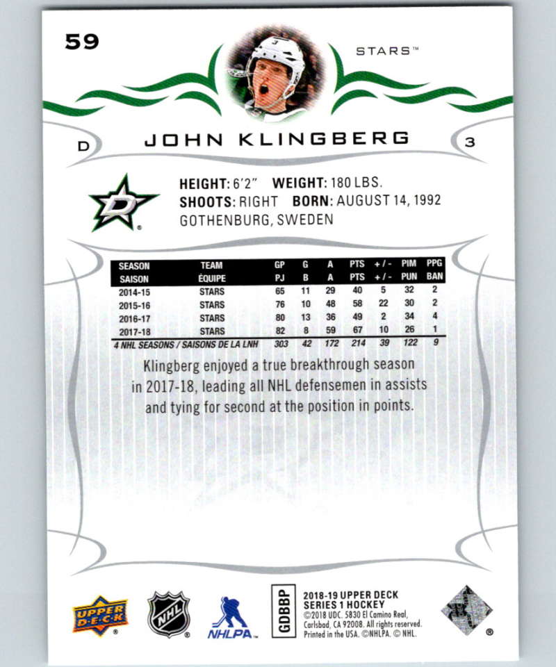2018-19 Upper Deck #59 John Klingberg Mint Dallas Stars Image 2