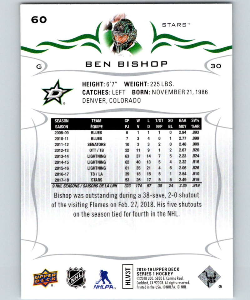 2018-19 Upper Deck #60 Ben Bishop Mint Dallas Stars
