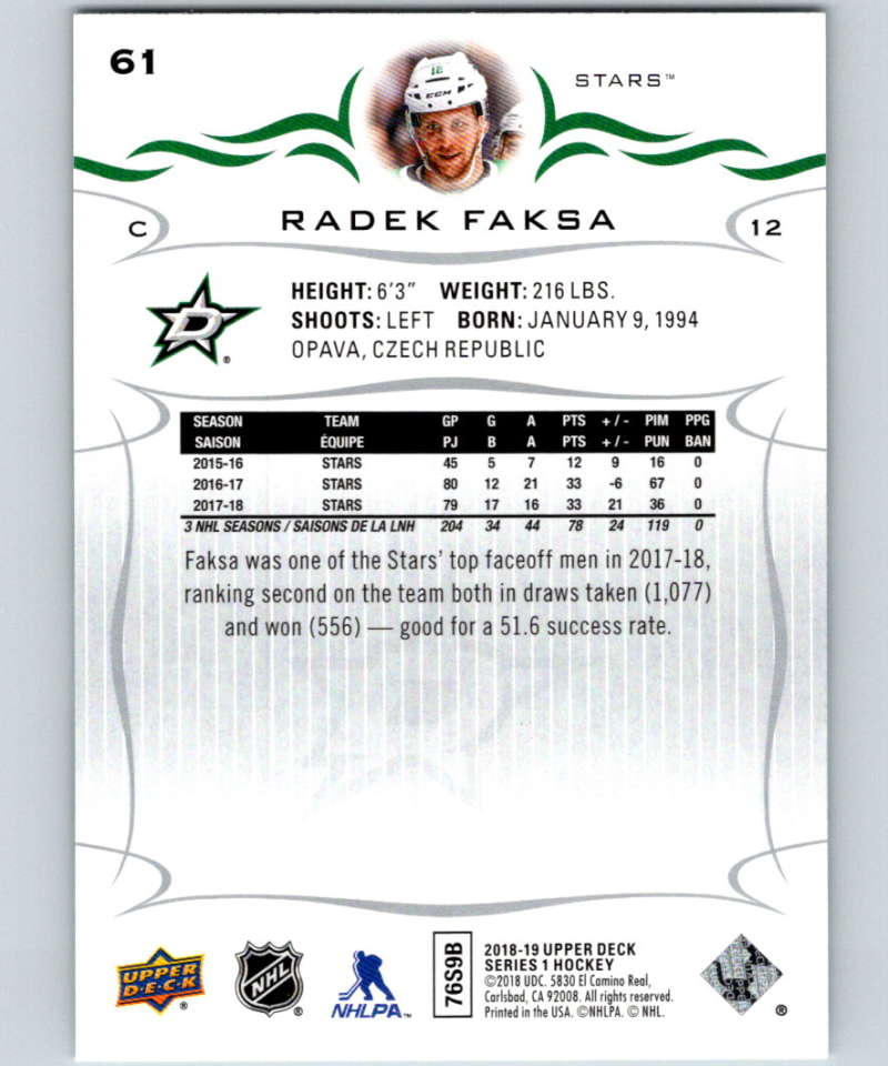2018-19 Upper Deck #61 Radek Faksa Mint Dallas Stars Image 2