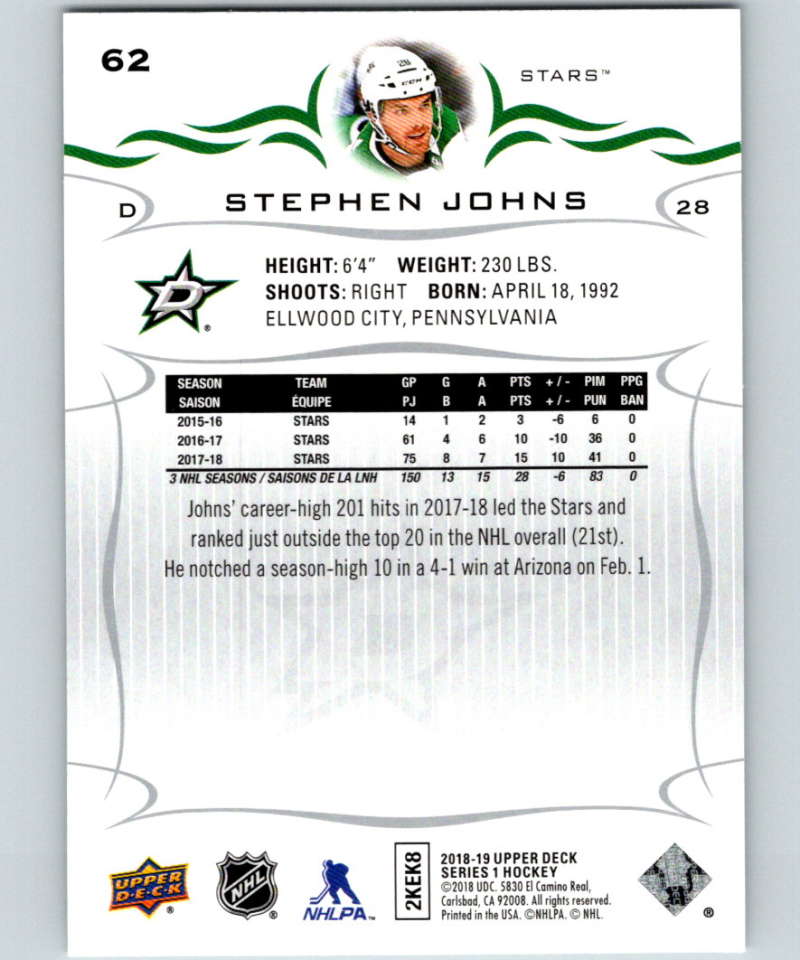 2018-19 Upper Deck #62 Stephen Johns Mint Dallas Stars Image 2