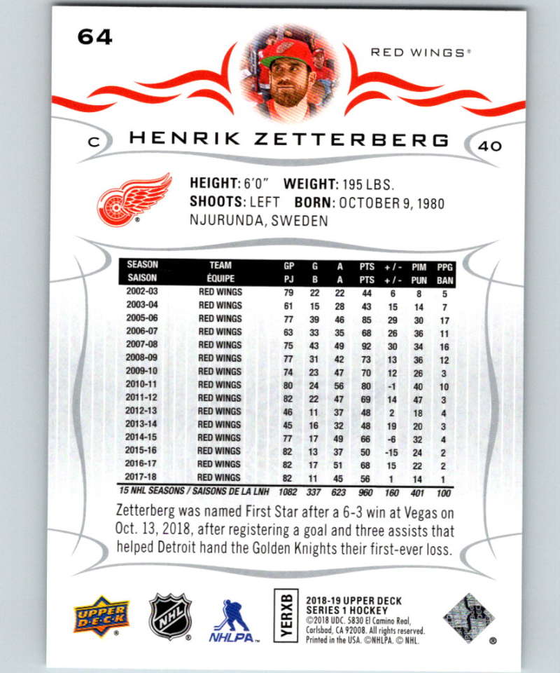 2018-19 Upper Deck #64 Henrik Zetterberg Mint Detroit Red Wings Image 2