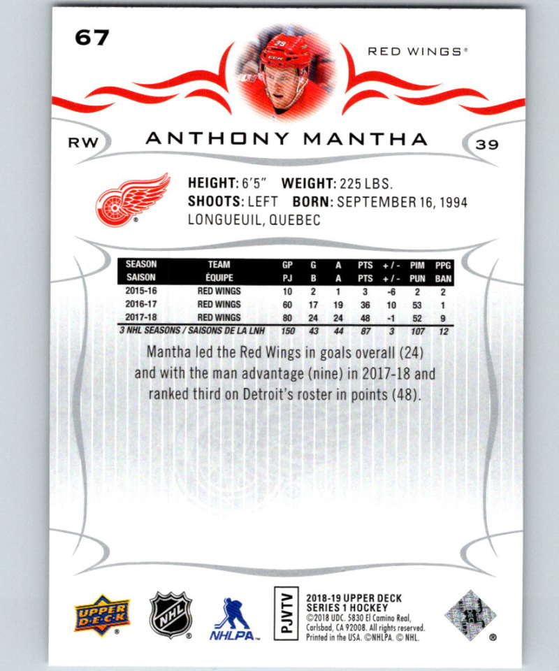 2018-19 Upper Deck #67 Anthony Mantha Mint Detroit Red Wings Image 2