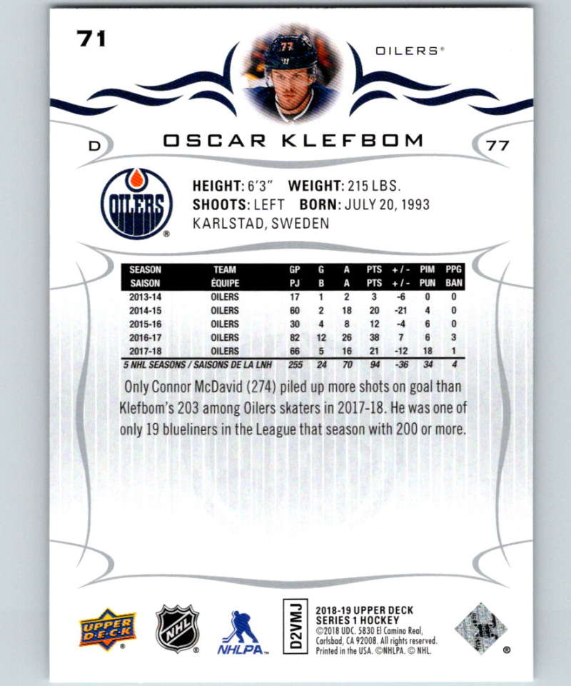 2018-19 Upper Deck #71 Oscar Klefbom Mint Edmonton Oilers  Image 2
