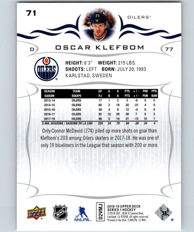 2018-19 Upper Deck #71 Oscar Klefbom Mint Edmonton Oilers Image 2