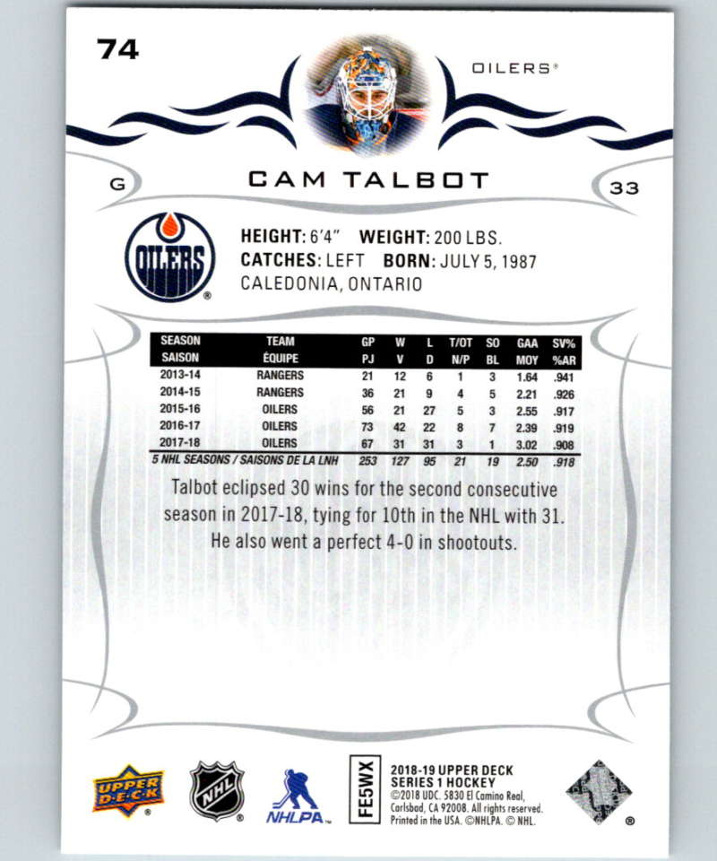 2018-19 Upper Deck #74 Cam Talbot Mint Edmonton Oilers  Image 2