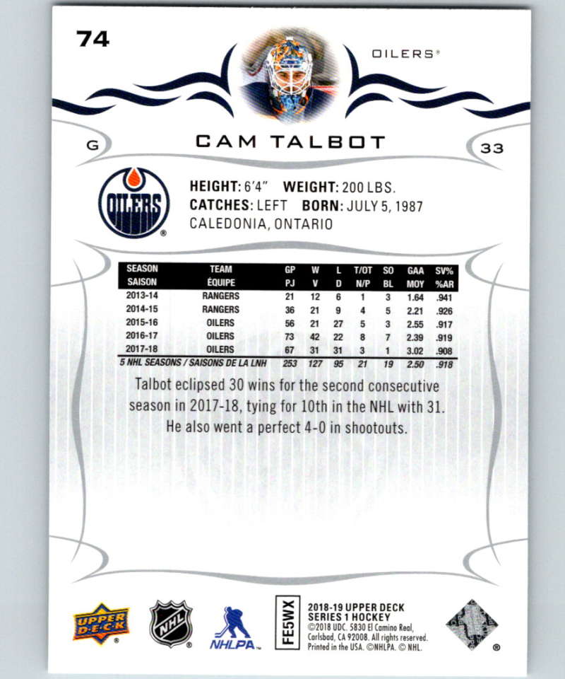 2018-19 Upper Deck #74 Cam Talbot Mint Edmonton Oilers Image 2