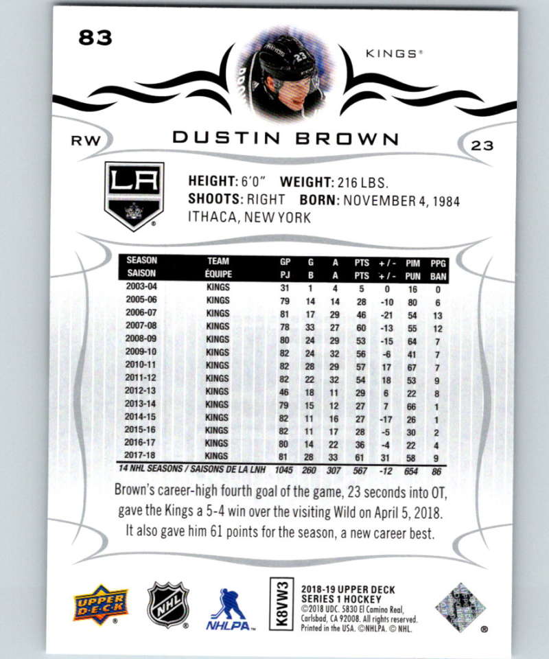 2018-19 Upper Deck #83 Dustin Brown Mint Los Angeles Kings  Image 2