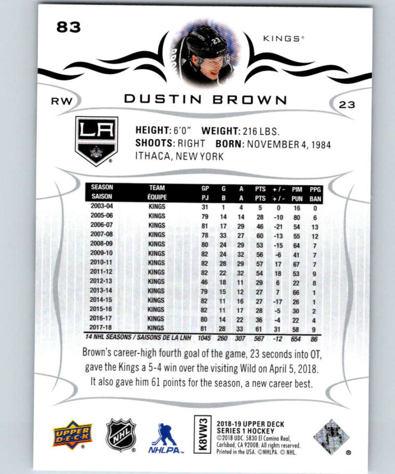 2018-19 Upper Deck #83 Dustin Brown Mint Los Angeles Kings Image 2