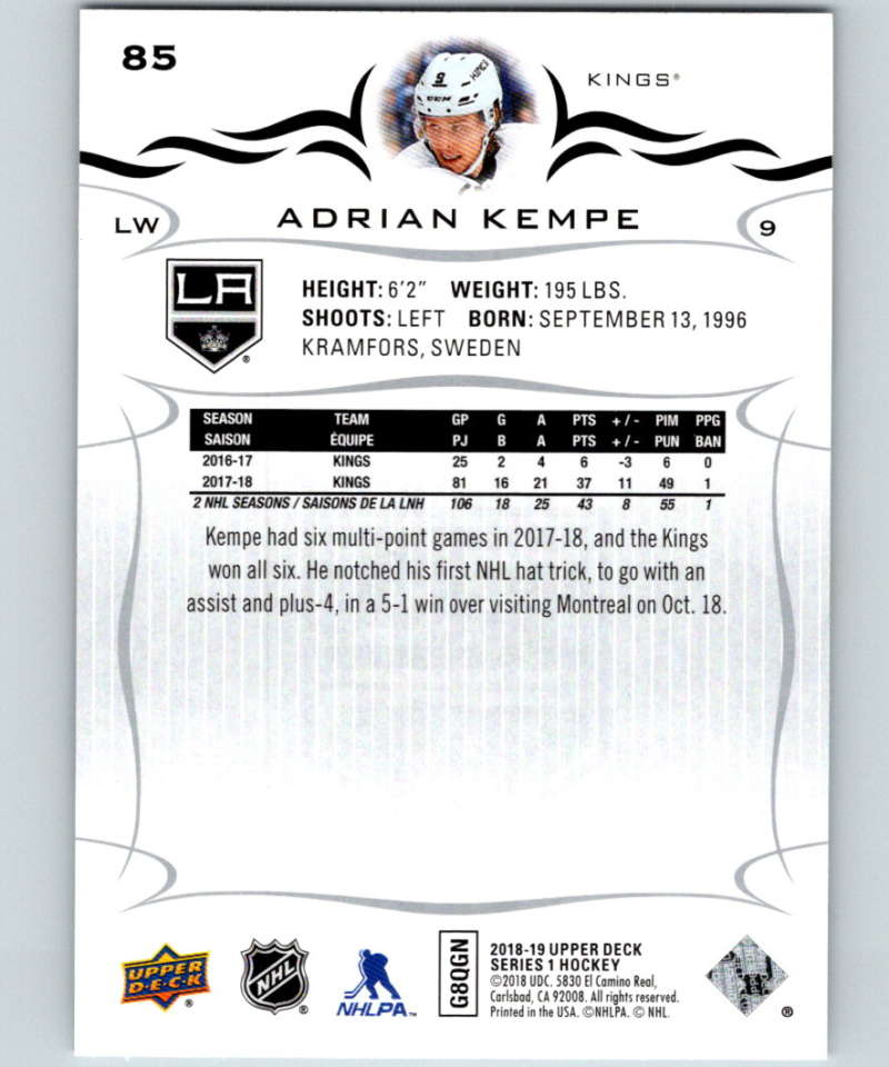 2018-19 Upper Deck #85 Adrian Kempe Mint Los Angeles Kings Image 2