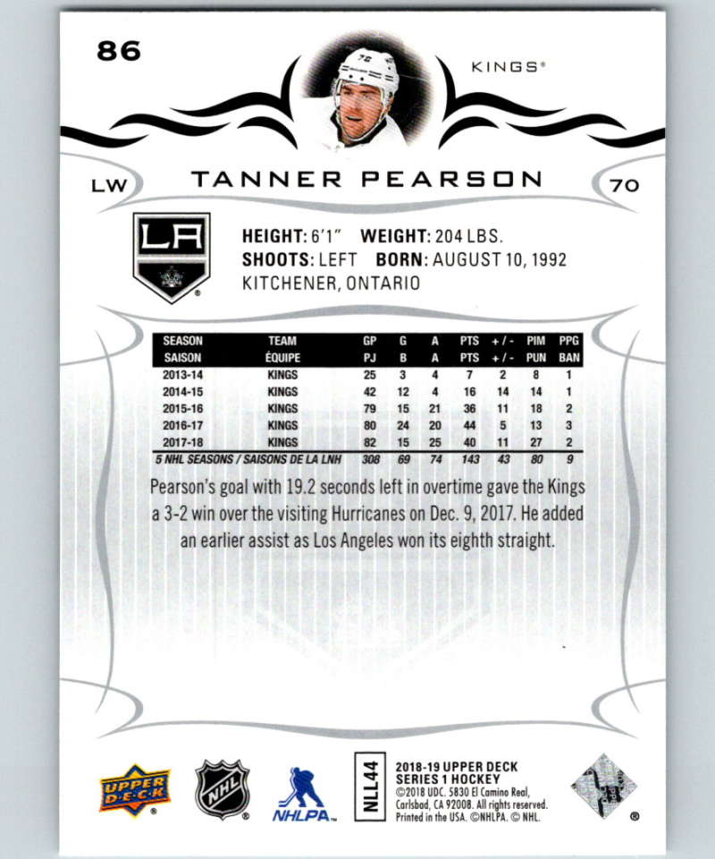 2018-19 Upper Deck #86 Tanner Pearson Mint Los Angeles Kings Image 2