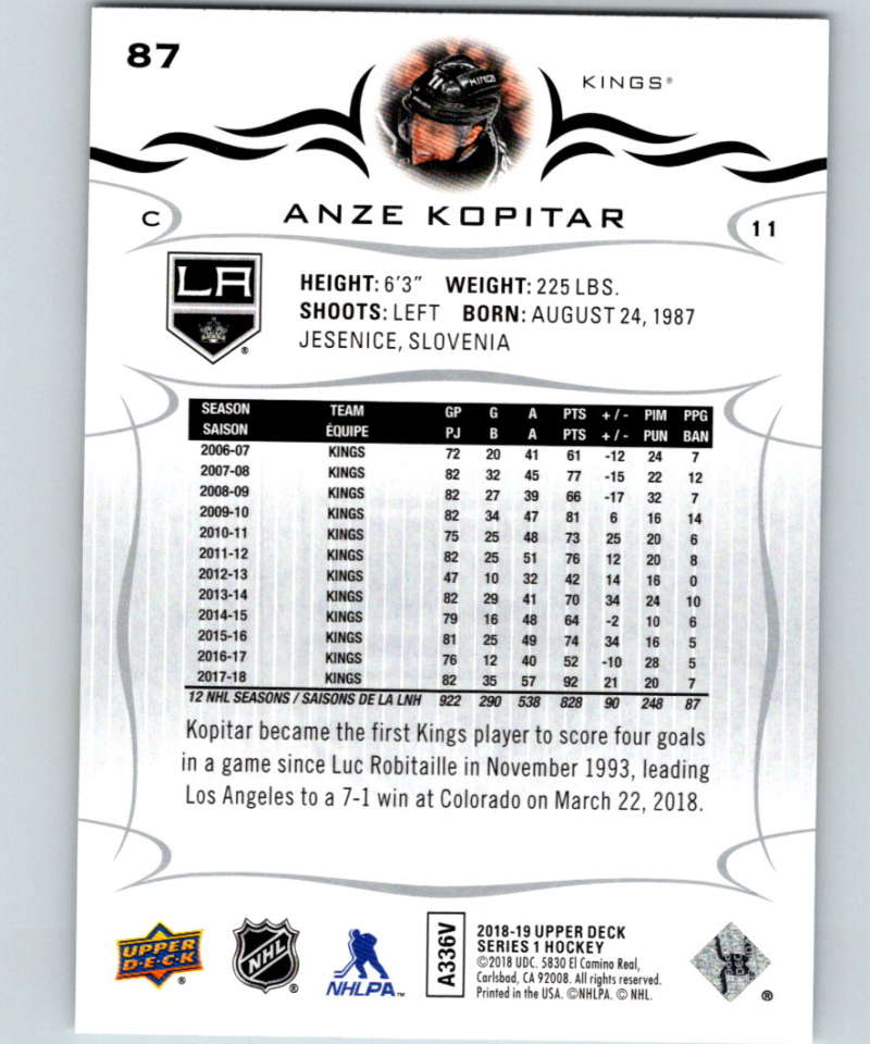 2018-19 Upper Deck #87 Anze Kopitar Mint Los Angeles Kings