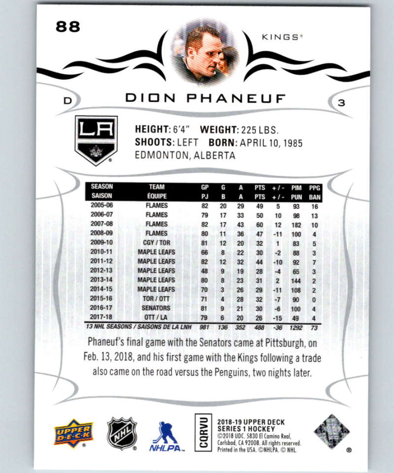 2018-19 Upper Deck #88 Dion Phaneuf Mint Los Angeles Kings Image 2
