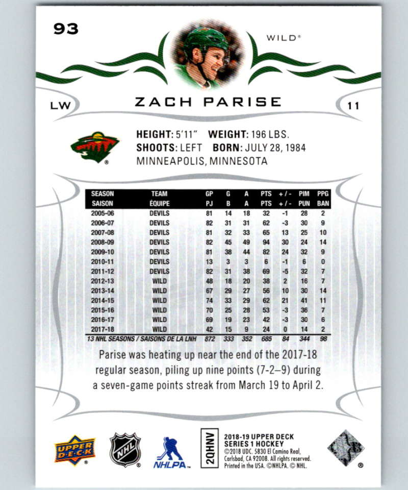 2018-19 Upper Deck #93 Zach Parise Mint Minnesota Wild Image 2