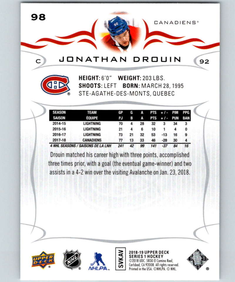 2018-19 Upper Deck #98 Jonathan Drouin Mint Montreal Canadiens Image 2