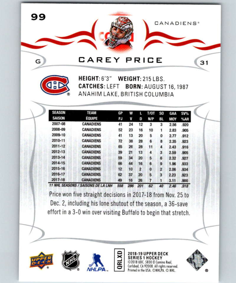 2018-19 Upper Deck #99 Carey Price Mint Montreal Canadiens  Image 2