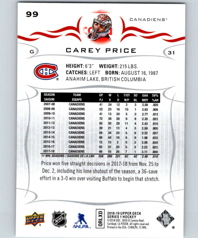 2018-19 Upper Deck #99 Carey Price Mint Montreal Canadiens Image 2