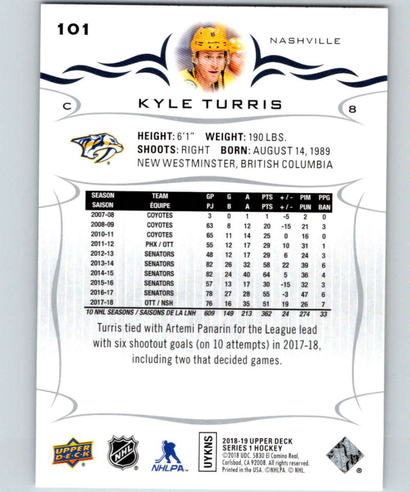 2018-19 Upper Deck #101 Kyle Turris Mint Nashville Predators Image 2