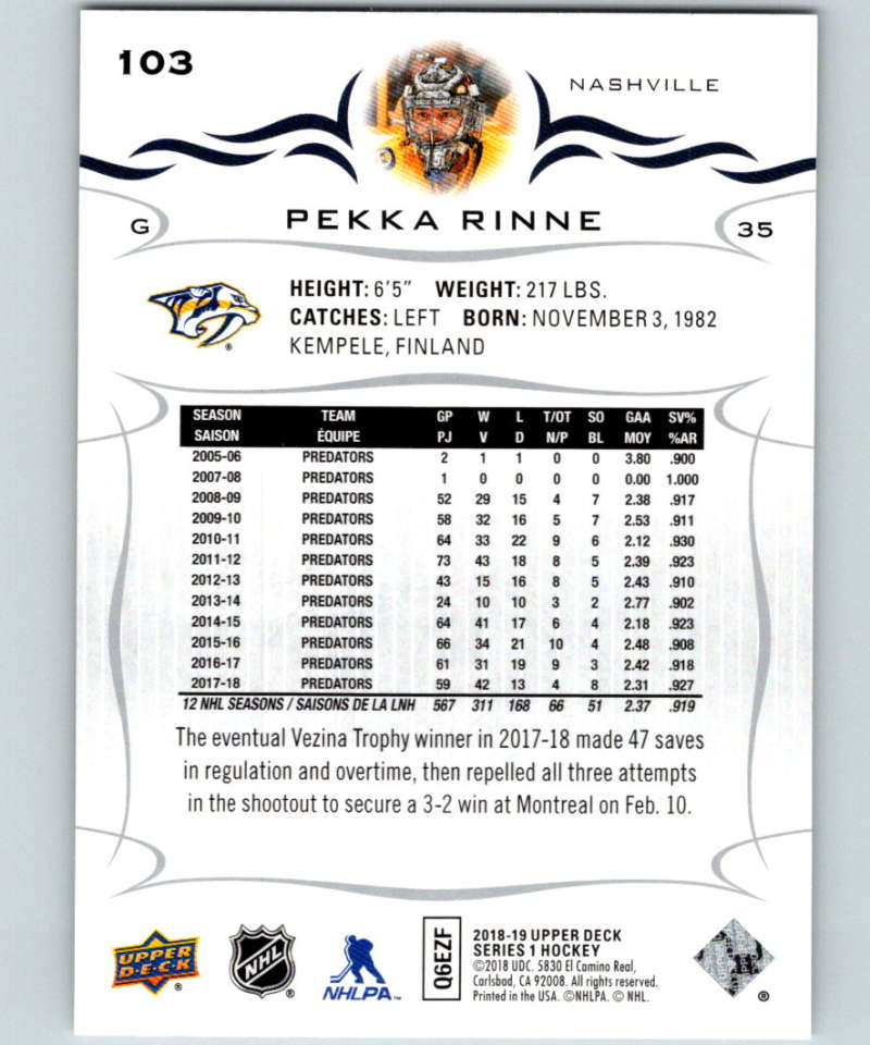 2018-19 Upper Deck #103 Pekka Rinne Mint Nashville Predators Image 2