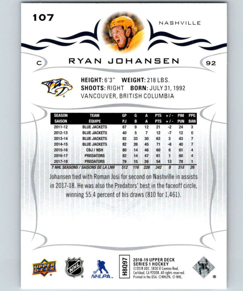 2018-19 Upper Deck #107 Ryan Johansen Mint Nashville Predators Image 2