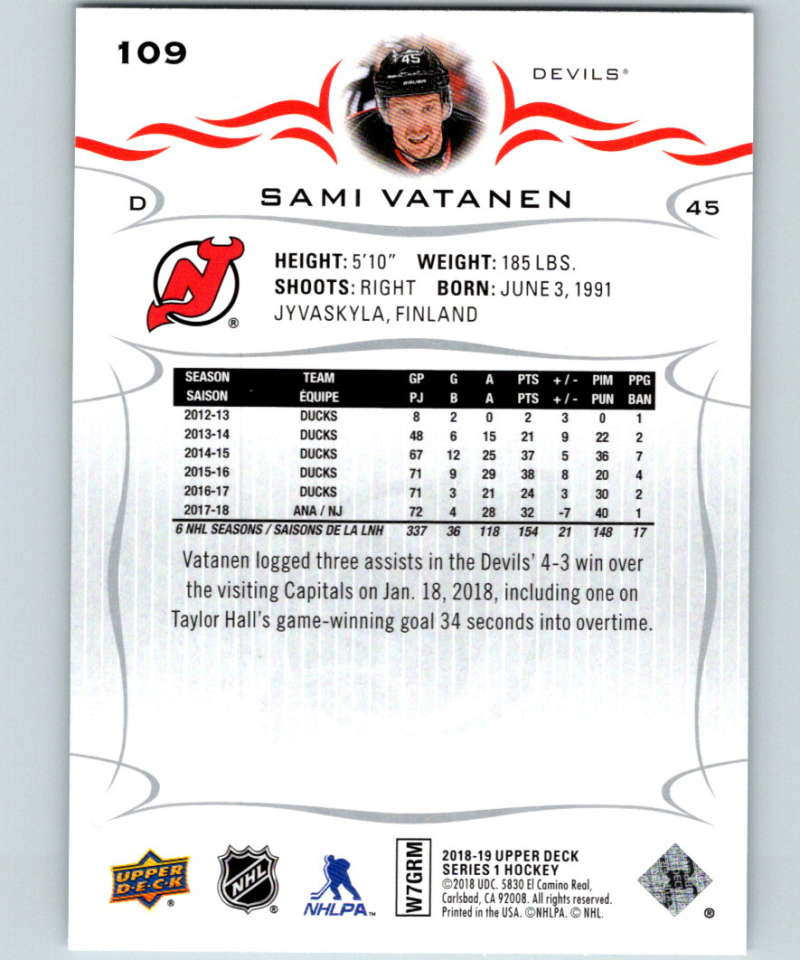 2018-19 Upper Deck #109 Sami Vatanen Mint New Jersey Devils Image 2