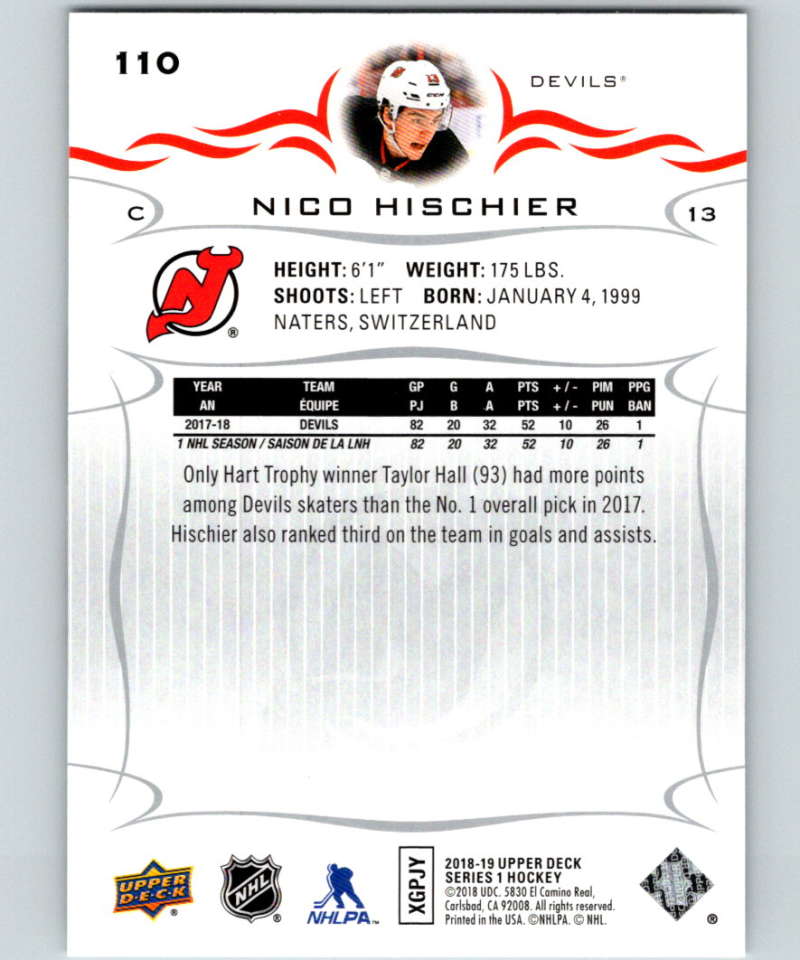 2018-19 Upper Deck #110 Nico Hischier Mint New Jersey Devils Image 2