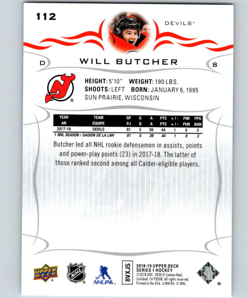 2018-19 Upper Deck #112 Will Butcher Mint New Jersey Devils Image 2