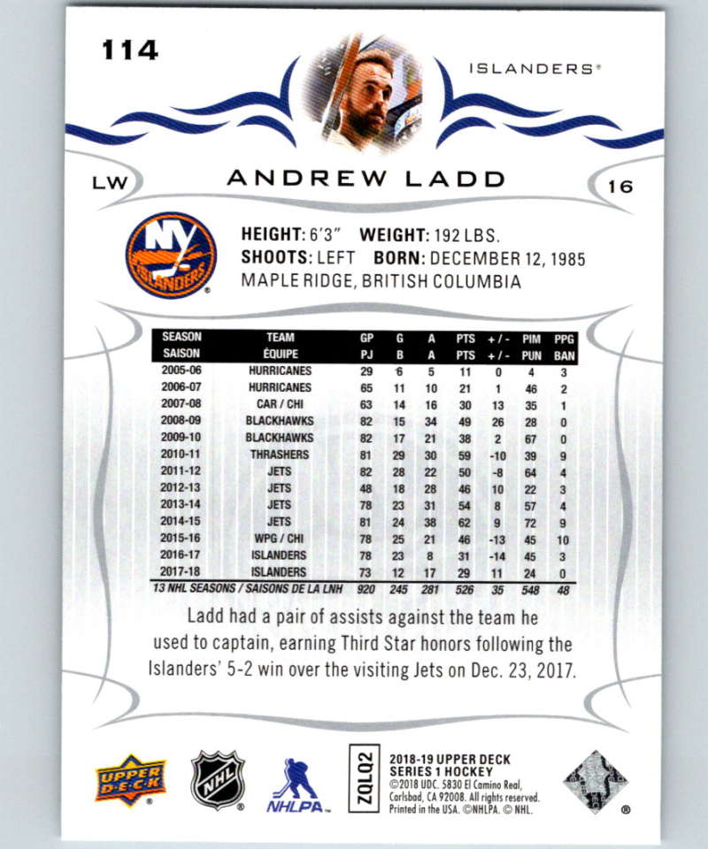 2018-19 Upper Deck #114 Andrew Ladd Mint New York Islanders Image 2