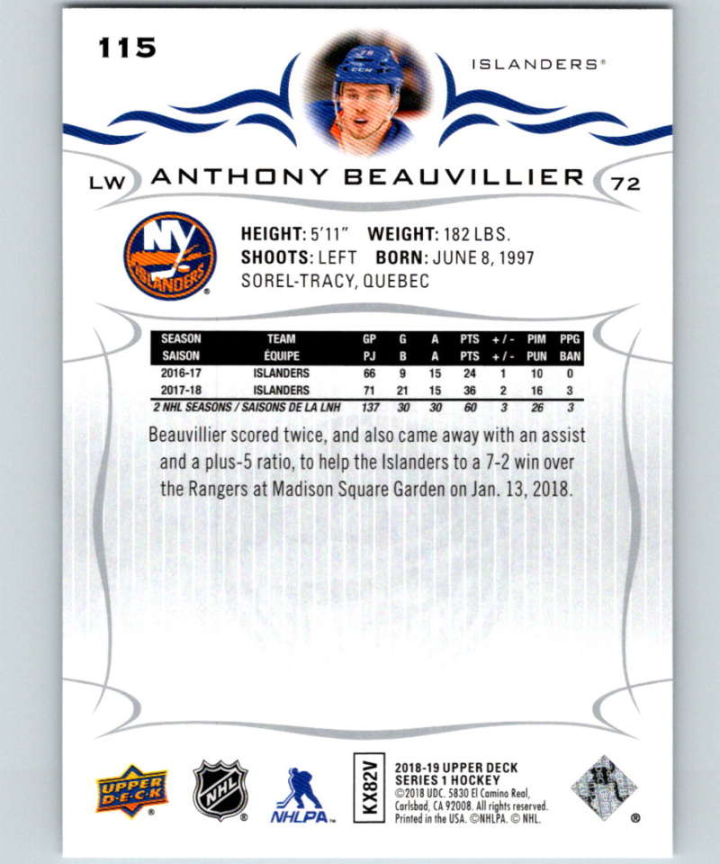2018-19 Upper Deck #115 Anthony Beauvillier Mint New York Islanders Image 2